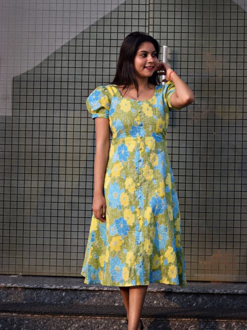 Floral Print Puff Sleeve Midi Dress