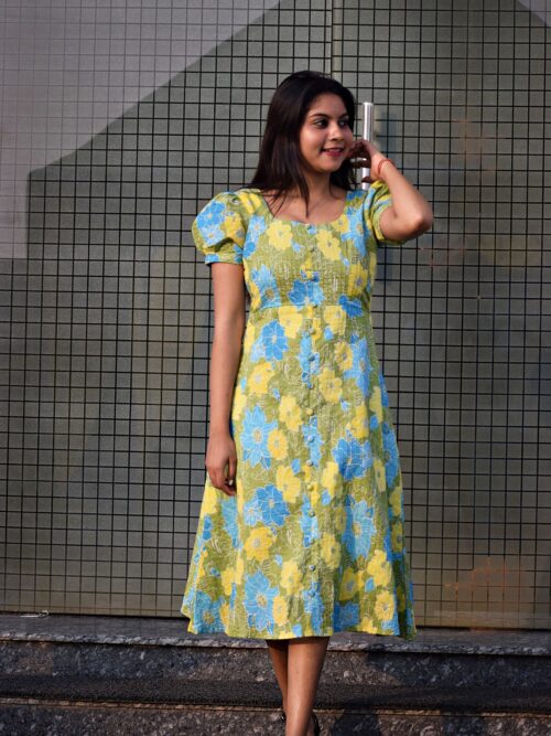 Floral Print Puff Sleeve Midi Dress